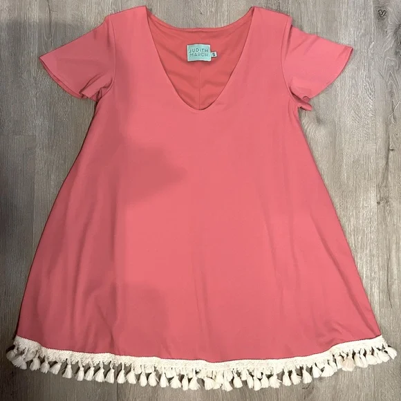 Bestselling Judith March Mini Dress Swimsuit Coverup w/ Tassel Fringe Hem Peach - Picture 3 of 6